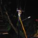 Petugas PLN Rantau melakukan perbaikan aliran listrik pasca di tertimpa pohon tumbang.