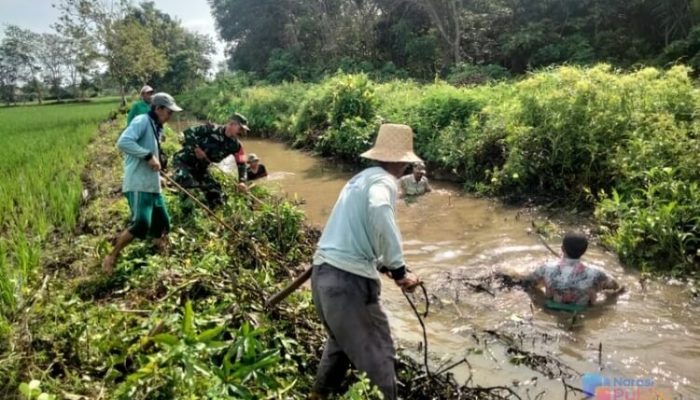 Cegah Banjir, Babinsa Batang Alai Selatan HST bersama warga Bersihkan Aliran Sungai
