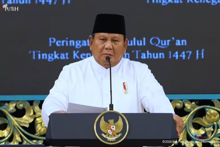 Presiden Prabowo Subianto menyampaikan pidato dalam peringatan Nuzulul Qur'an di Istana Negara. (Dok. Istimewa)