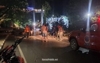 Petugas gabungan melakukan pembersihan terhadap pohon yang tumbang di kawasan Jembatan Antaludin Kota Kandangan. (Dok: Narasi Publik)
