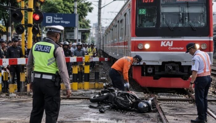 Nekat Terobos Palang Pintu, Pemotor Tertabrak KRL di Pasar Minggu